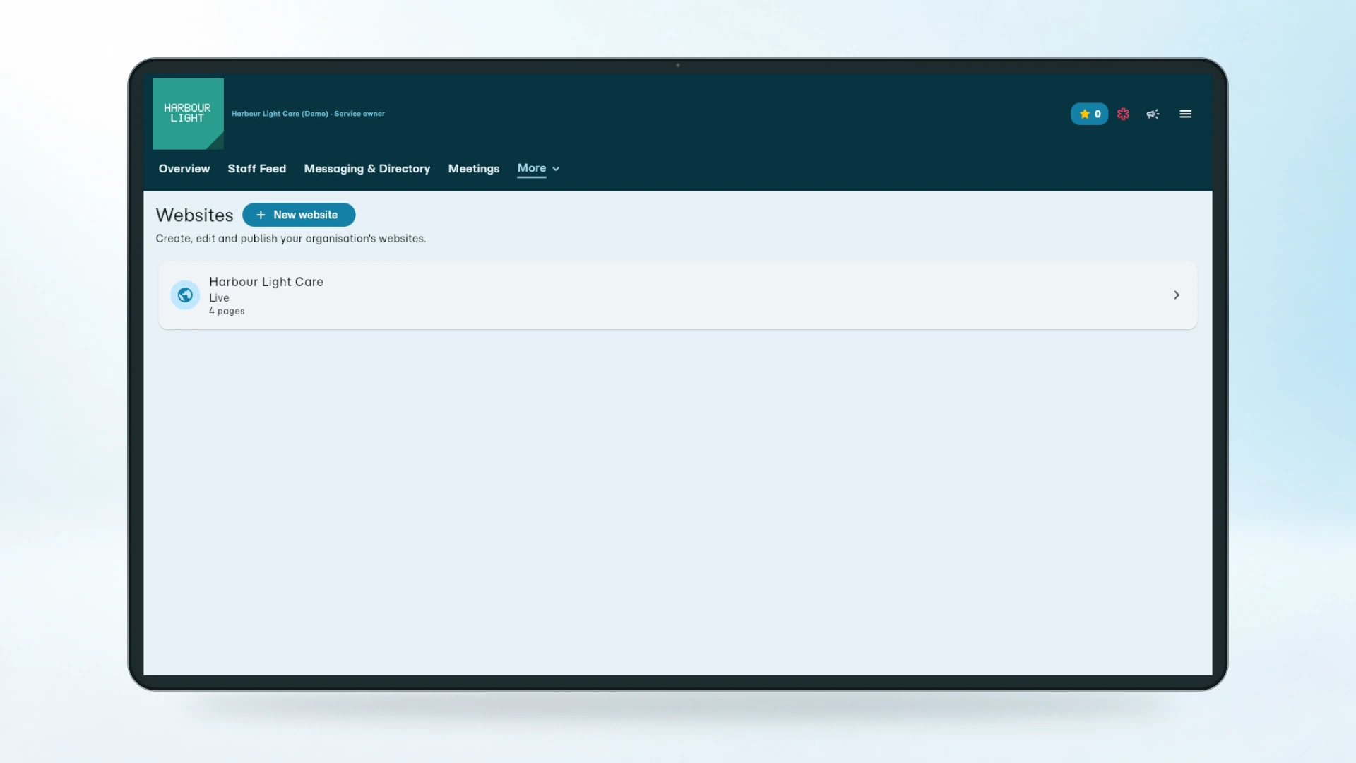 Websites, showing the Harbour Light Care site live with four pages