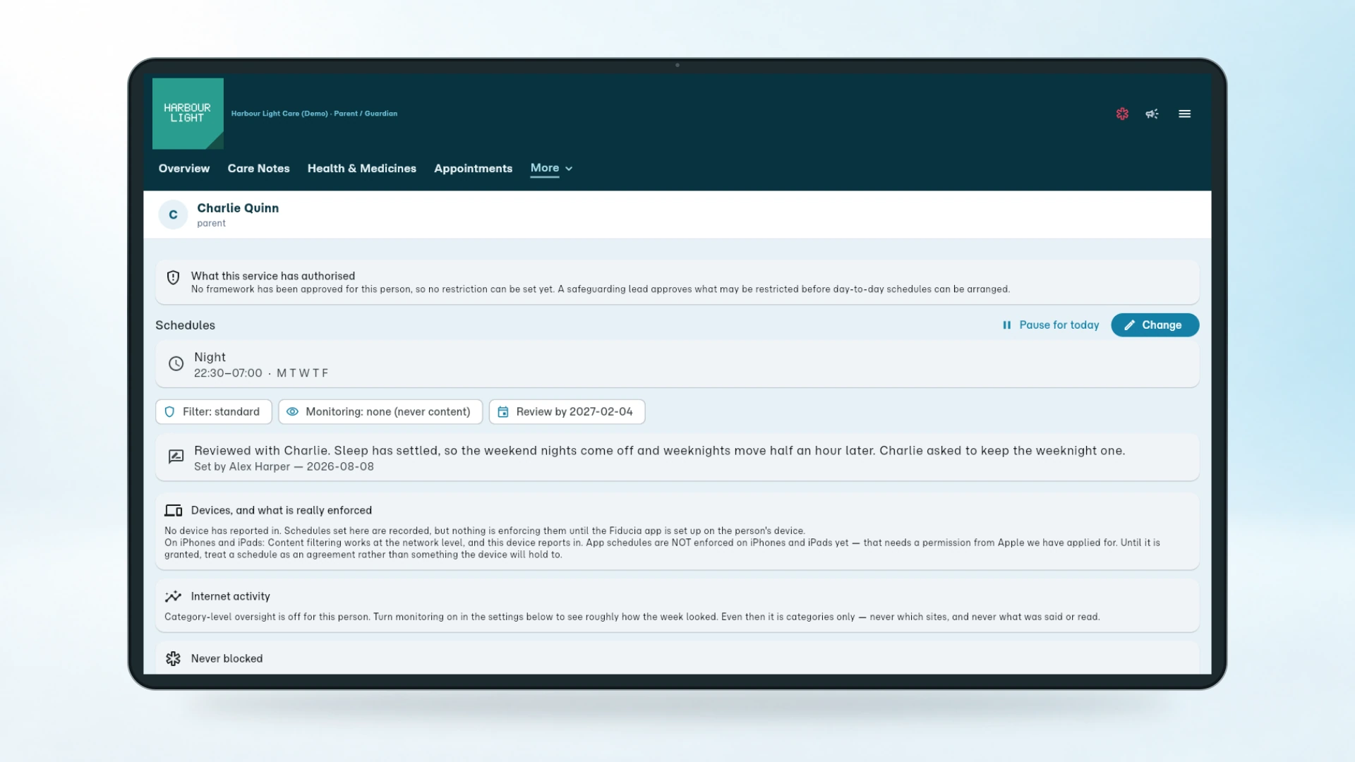 Device schedules for Charlie, with a night-time schedule, a review date and what is never blocked