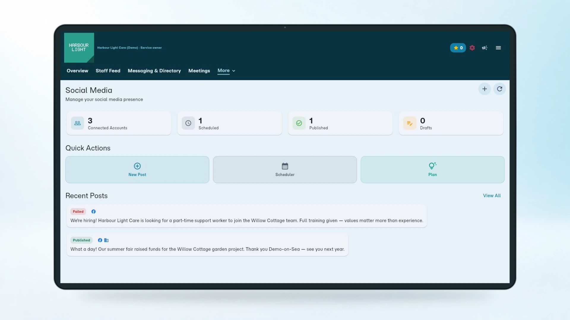 The social media dashboard, with connected accounts, a scheduled post and recent posts